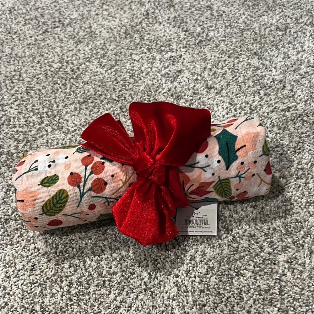 NWT Mud Pie Red Bow Headband & Festive Muslin Swaddle Blanket